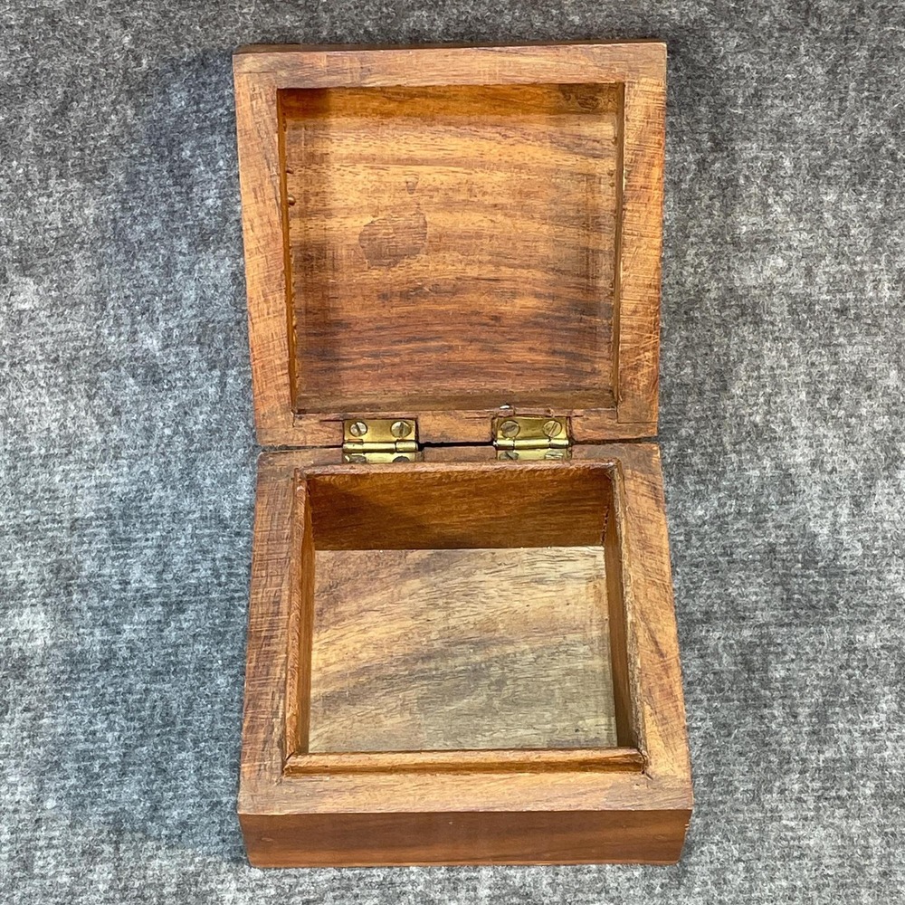 Vintage Wooden Trinket Box Floral Lid Hinged Rustic Boho Rustic Folk Craftsman